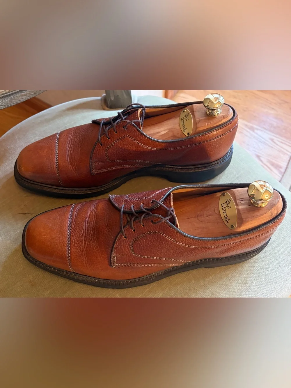 Allen Edmonds Becker Pebbled Leather Cap Toe Oxfords 8.5 D Cognac Brown